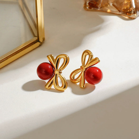 Stainless Steel Geometric Bead Bow Earrings With Electroplating