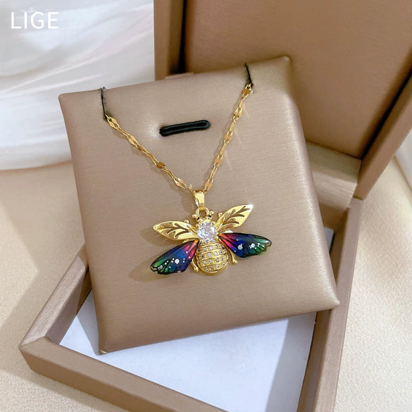 Stainless Steel Geometric Bee Zircon Pendant Necklace For Women And Men
