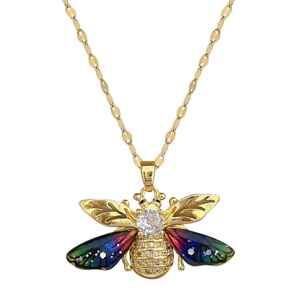 Stainless Steel Geometric Bee Zircon Pendant Necklace For Women And Men