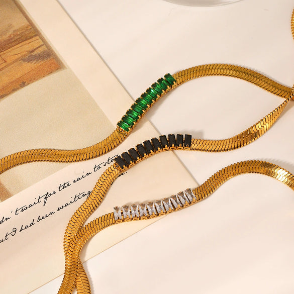 Stainless Steel Geometric Blade Snake Chain Necklace Inlaid With Zircon For Women