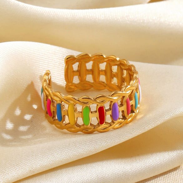 Stainless Steel Geometric Colorful Oil Drop Open Ring For Women With Electroplating Design