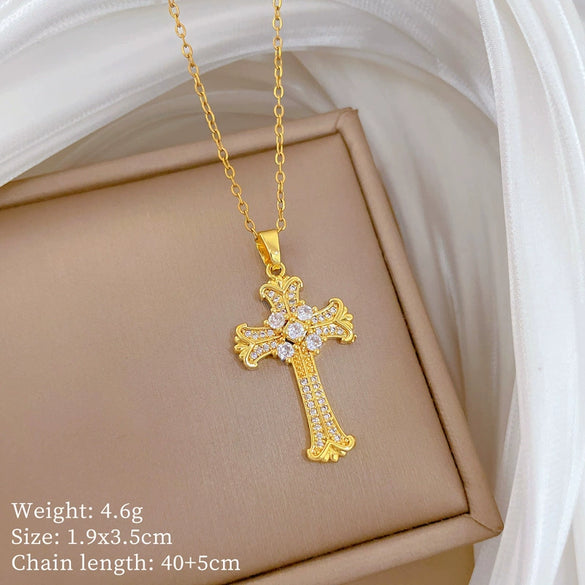 Stainless Steel Geometric Cross Diamond Necklace Unisex