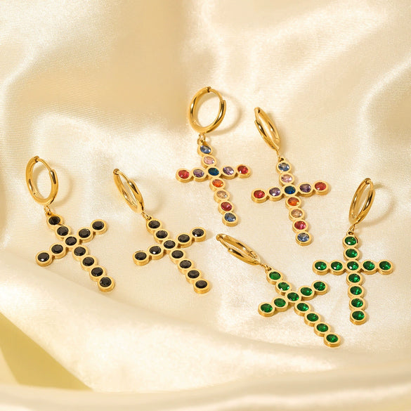 Stainless Steel Geometric Cross Earrings With Color Diamonds For Women Electroplated