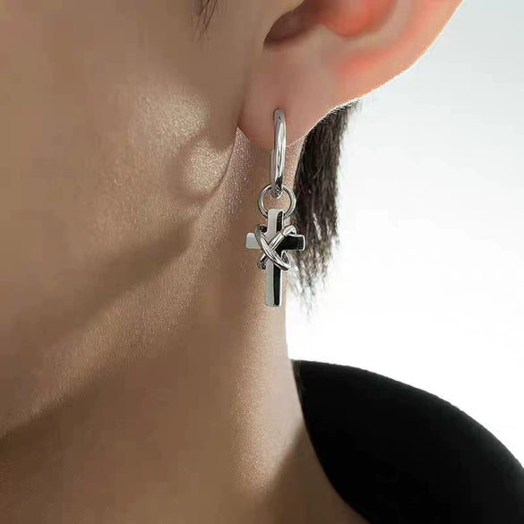 Stainless Steel Geometric Cross Earrings With Entwined Thorn Design Lasercut Punk Ear Studs And Ear Clips For Men And Women