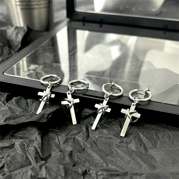 Stainless Steel Geometric Cross Earrings With Entwined Thorn Design Lasercut Punk Ear Studs And Ear Clips For Men And Women