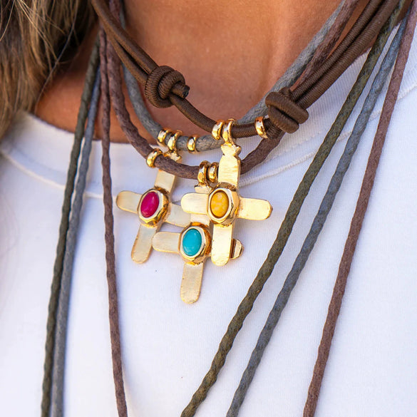 Stainless Steel Geometric Cross Imitation Natural Stone Pendant Electroplated Women's Accessories