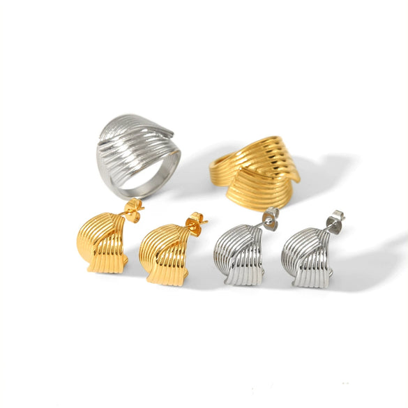 Stainless Steel Geometric Cross Line Jewelry Set For Women With 18K Goldplated Electroplated Earrings And Ring
