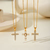 Stainless Steel Geometric Cross Pendant Necklace For Women Electroplated With Artificial Crystal