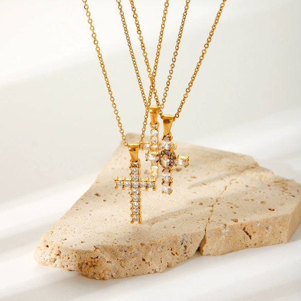 Stainless Steel Geometric Cross Pendant Necklace For Women Electroplated With Artificial Crystal