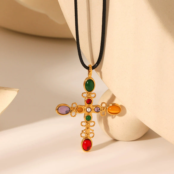 Stainless Steel Geometric Cross Pendant Necklace For Women Set With Gemstones