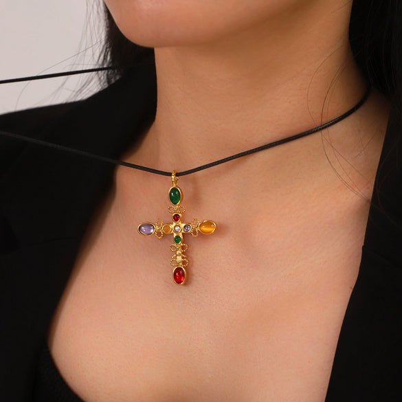 Stainless Steel Geometric Cross Pendant Necklace For Women Set With Gemstones