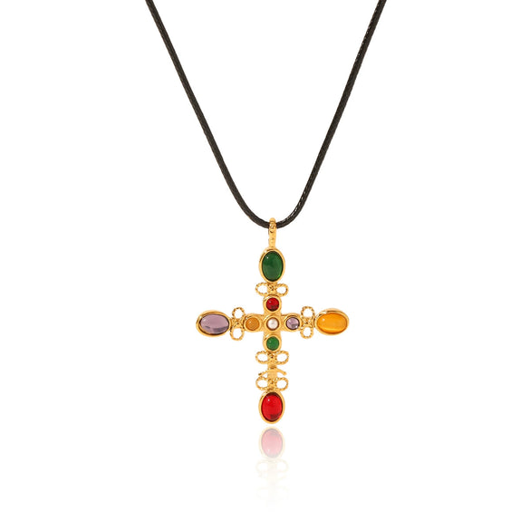 Stainless Steel Geometric Cross Pendant Necklace For Women Set With Gemstones