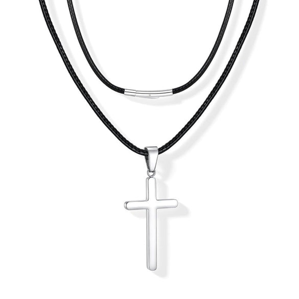 Stainless Steel Geometric Cross Pendant Necklace With Leather Rope Chain Electroplated Simple Fashion Jewelry For Couples