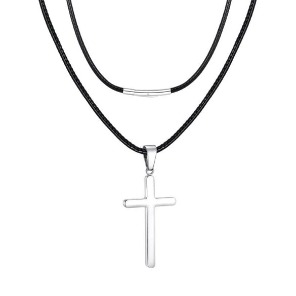 Stainless Steel Geometric Cross Pendant Necklace With Leather Rope Chain Electroplated Simple Fashion Jewelry For Couples