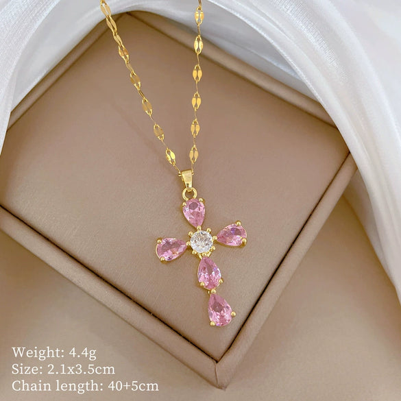 Stainless Steel Geometric Cross Zircon Light Luxurious Necklace