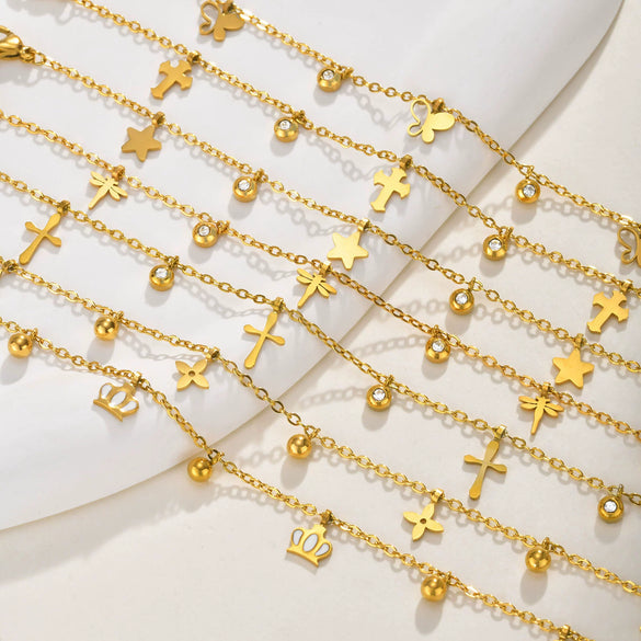 Stainless Steel Geometric Crown Butterfly Cross Ball Bead Zircon Anklet For Women