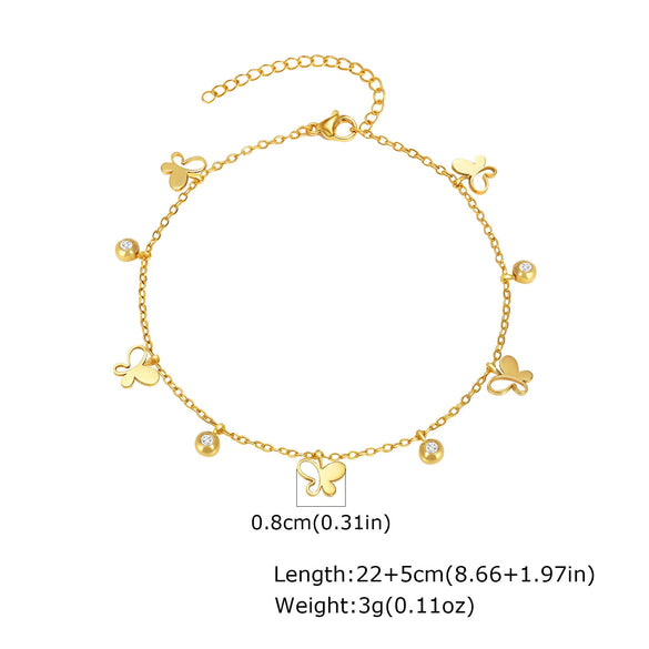 Stainless Steel Geometric Crown Butterfly Cross Ball Bead Zircon Anklet For Women