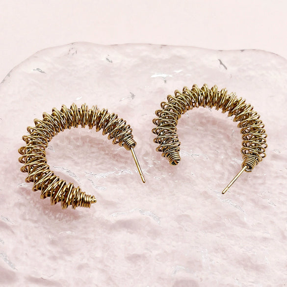 Stainless Steel Geometric Cshaped Coil Spring Hoop Earrings Electroplating Design