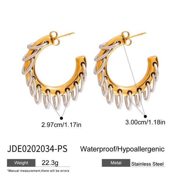 Stainless Steel Geometric Cshaped Interlocking Ring Circle Tassel Earrings With 18K Goldplated Electroplating For Women