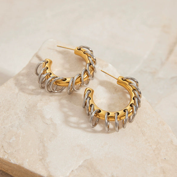 Stainless Steel Geometric Cshaped Interlocking Ring Circle Tassel Earrings With 18K Goldplated Electroplating For Women