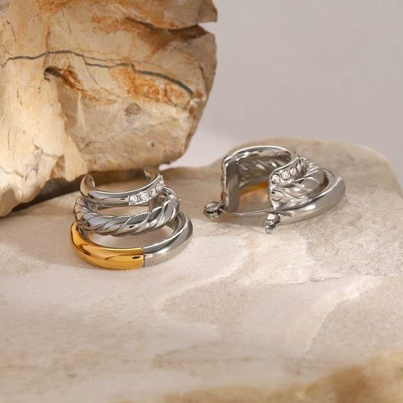 Stainless Steel Geometric Cshaped Threelayer Earrings With Electroplating French Retro Style Women's Jewelry