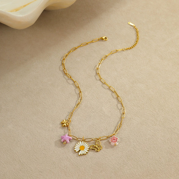 Stainless Steel Geometric Daisy Butterfly Pendant Necklace With Electroplating Fashion Style