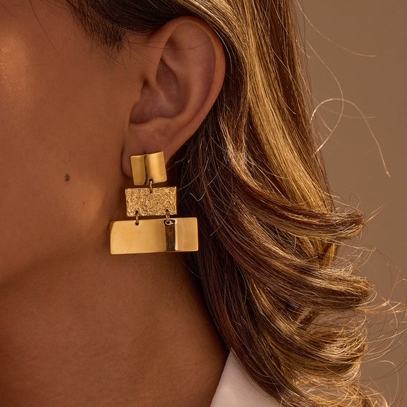 Stainless Steel Geometric Earrings With Electroplating Light Luxury Three Layer Stitching Style For Women