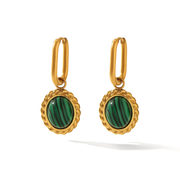 Stainless Steel Geometric Earrings With Malachite Inlay And Pvd Process For Women