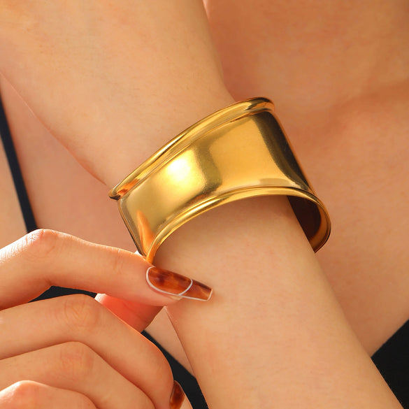 Stainless Steel Geometric Electroplated Wide Face Spring Open Bracelet