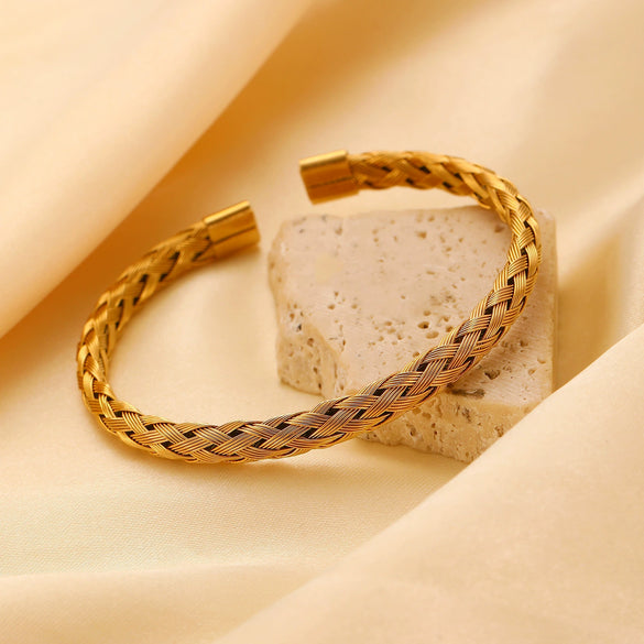 Stainless Steel Geometric Electroplated Wide Face Spring Open Bracelet