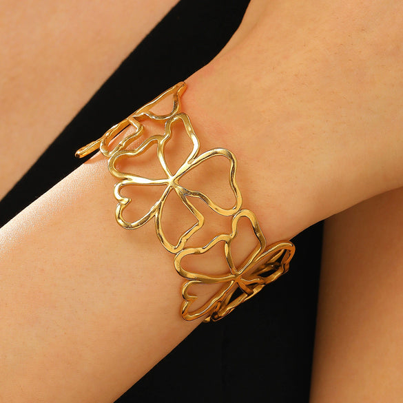 Stainless Steel Geometric Electroplated Wide Face Spring Open Bracelet