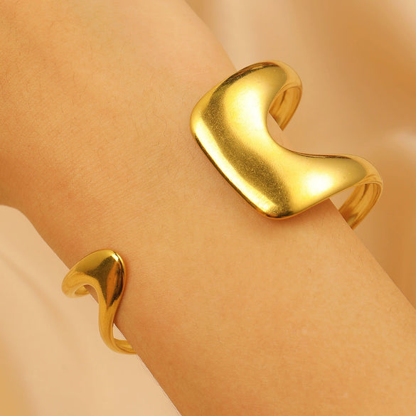 Stainless Steel Geometric Electroplated Wide Face Spring Open Bracelet