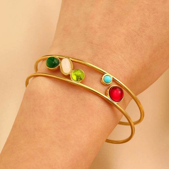 Stainless Steel Geometric Electroplated Wide Face Spring Open Bracelet