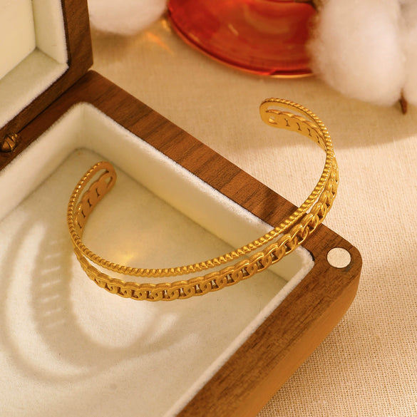 Stainless Steel Geometric Electroplated Wide Face Spring Open Bracelet