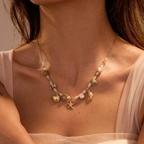 Stainless Steel Geometric Electroplated Women's Necklace And Bracelet Set With Ocean Bohemian Style