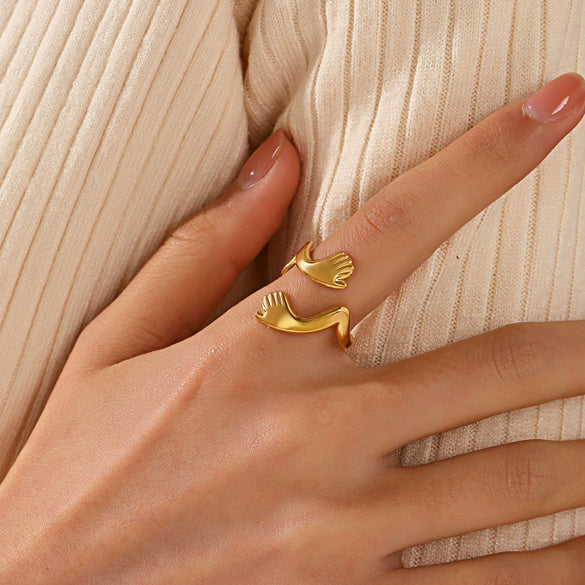 Stainless Steel Geometric Embrace Opening Adjustable Ring For Women With Real Gold Electroplated Treatment