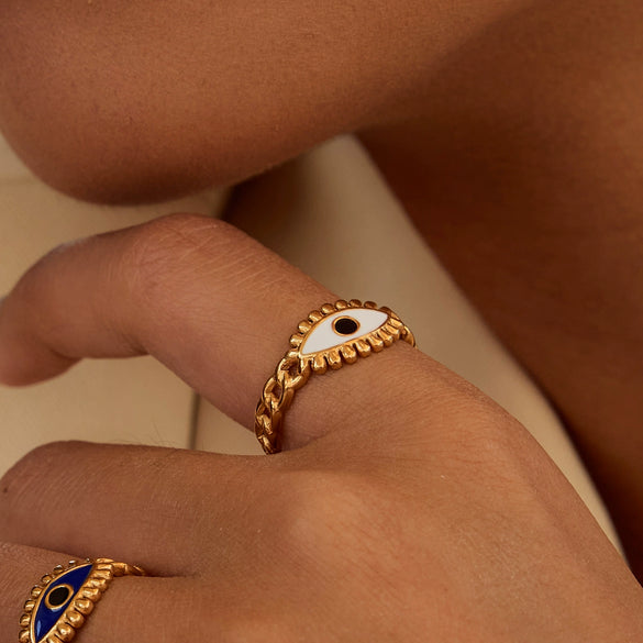 Stainless Steel Geometric Female Ring With Devil's Eye Design And Electroplating