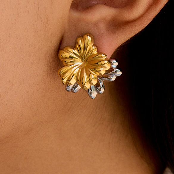 Stainless Steel Geometric Flower Electroplated Earrings For Women