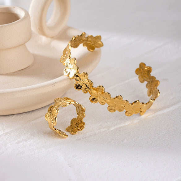 Stainless Steel Geometric Flower Opening Ring Bracelet Electroplated Women's Jewelry
