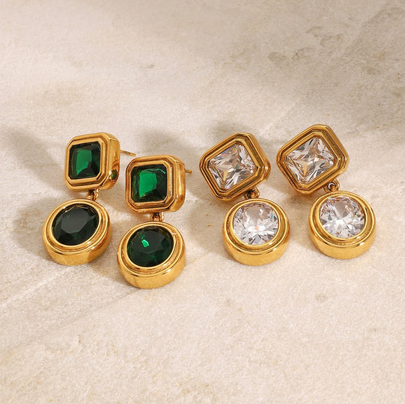 Stainless Steel Geometric Green Zircon Earrings With Electroplating And Light Luxury Design