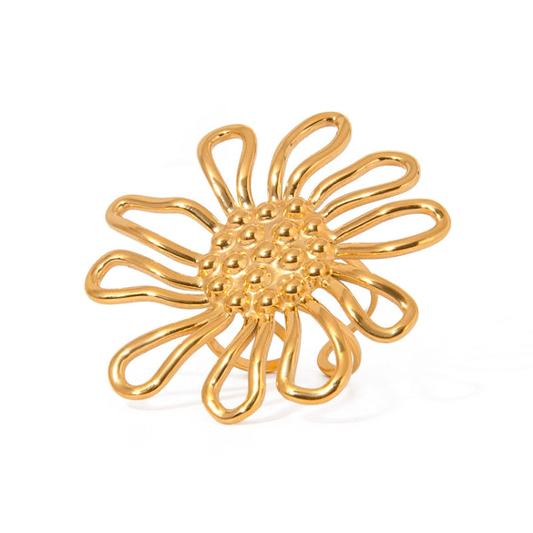 Stainless Steel Geometric Hammer Pattern Hollow Flower Adjustable Ring Electroplated Women's Jewelry
