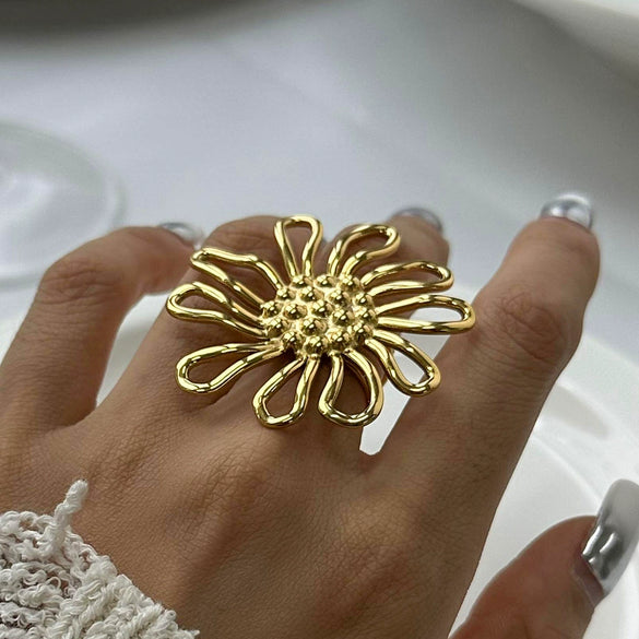 Stainless Steel Geometric Hammer Pattern Hollow Flower Adjustable Ring Electroplated Women's Jewelry