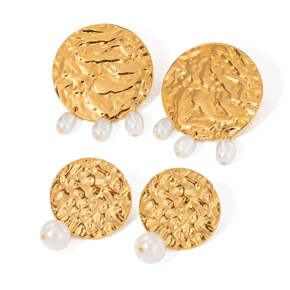 Stainless Steel Geometric Hammer Pattern Oval Pearl Earrings With Electroplating For Women