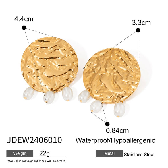 Stainless Steel Geometric Hammer Pattern Oval Pearl Earrings With Electroplating For Women