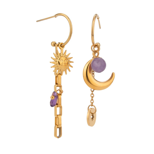 Stainless Steel Geometric Hammer Pattern Sun Moon Ear Buckle Earrings Electroplated For Women