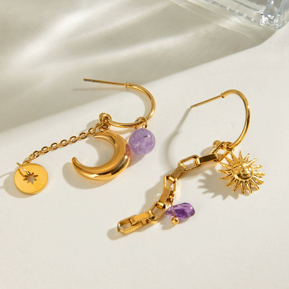 Stainless Steel Geometric Hammer Pattern Sun Moon Ear Buckle Earrings Electroplated For Women