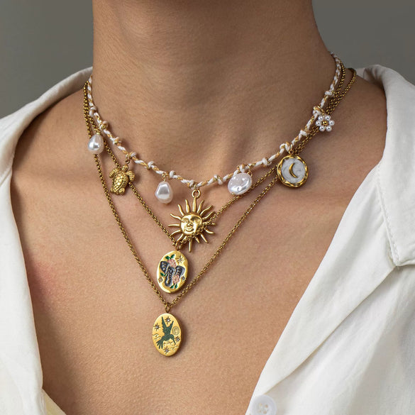 Stainless Steel Geometric Hand Painted Flower Love Pendant Necklace With Regular Chain And Electroplating