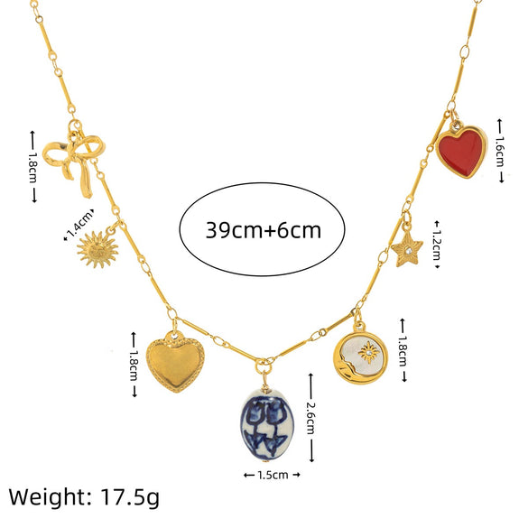 Stainless Steel Geometric Heart Sun And Moon Pendant Necklace Vacuum Plated 18K Gold Color Preservation