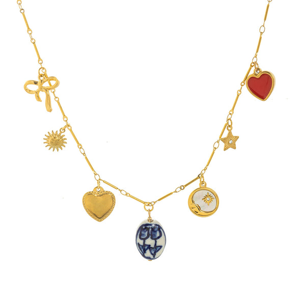 Stainless Steel Geometric Heart Sun And Moon Pendant Necklace Vacuum Plated 18K Gold Color Preservation