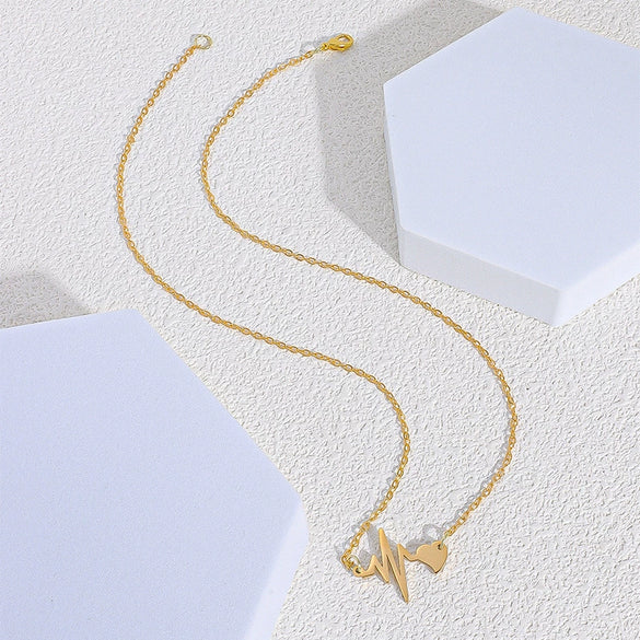Stainless Steel Geometric Heartbeat Pendant Necklace With Regular Chain Versatile Unisex Gift Jewelry